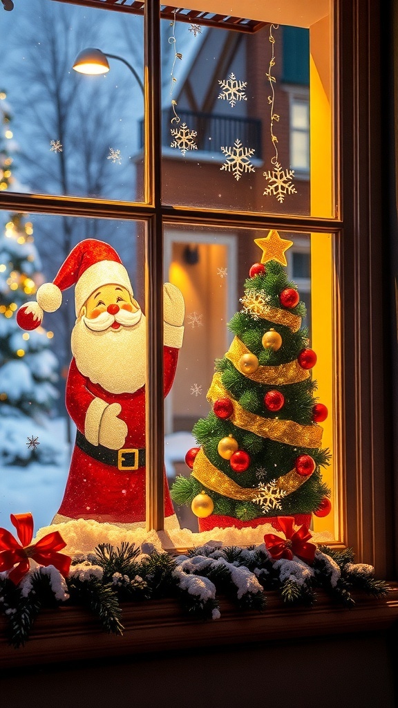 Christmas Window Painting Ideas A window adorned with Christmas paintings including Santa Claus, snowflakes, and a Christmas tree.